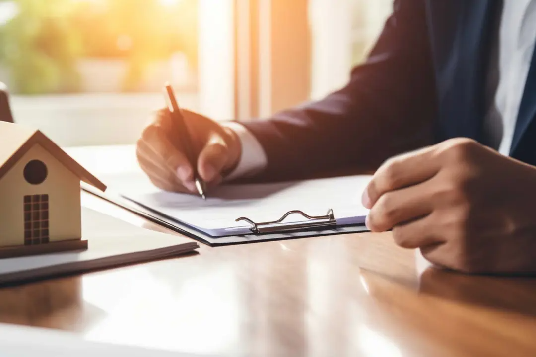 Advogado assinando contrato imobiliário sobre a mesa